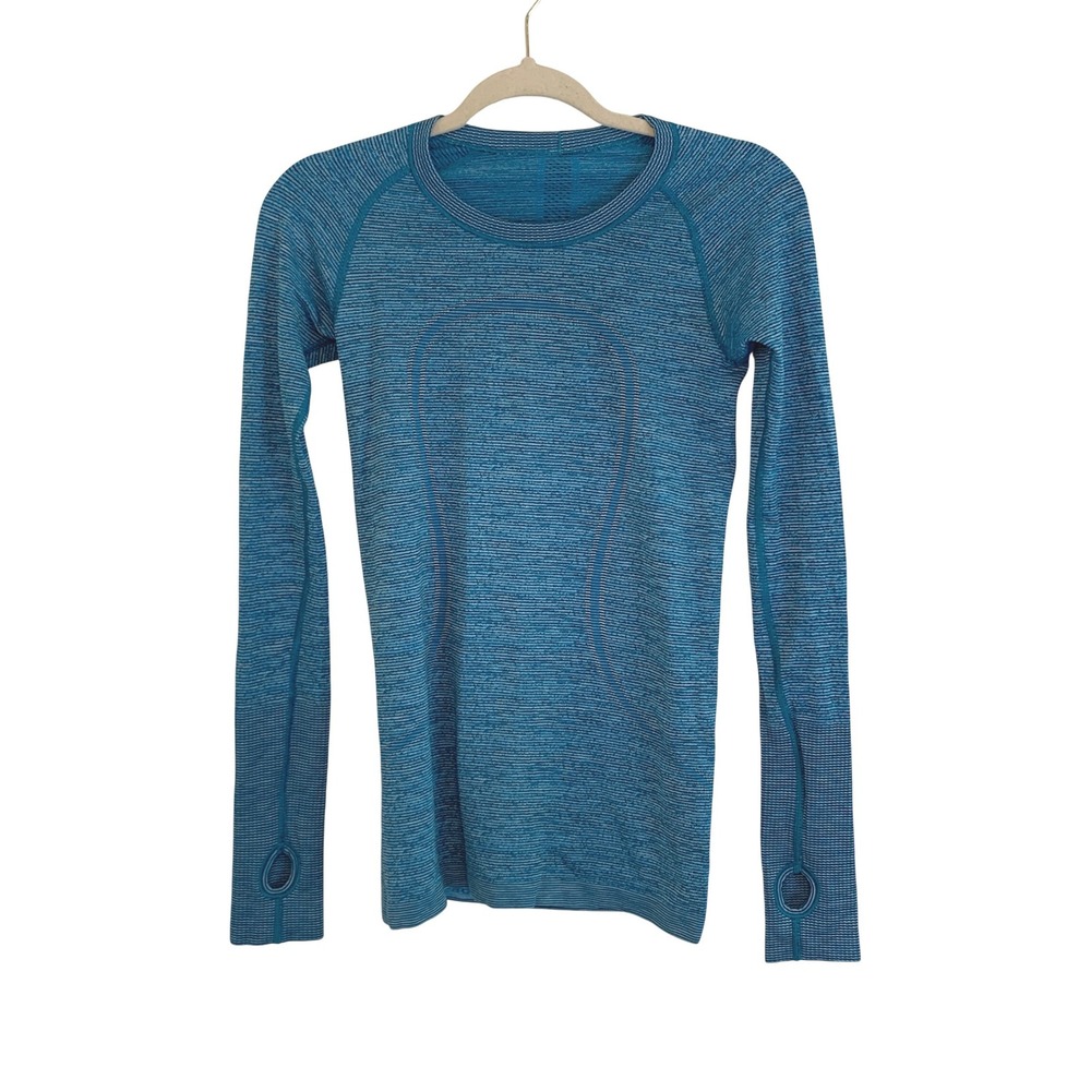 Lululemon Athletica Swiftly Tech Long Sleeve Striped Workout Top Teal Blue S(4)